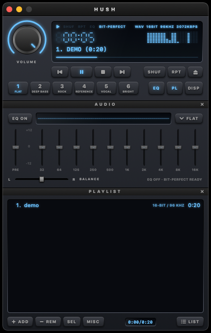 Hush playing a song, with the equalizer and playlist open